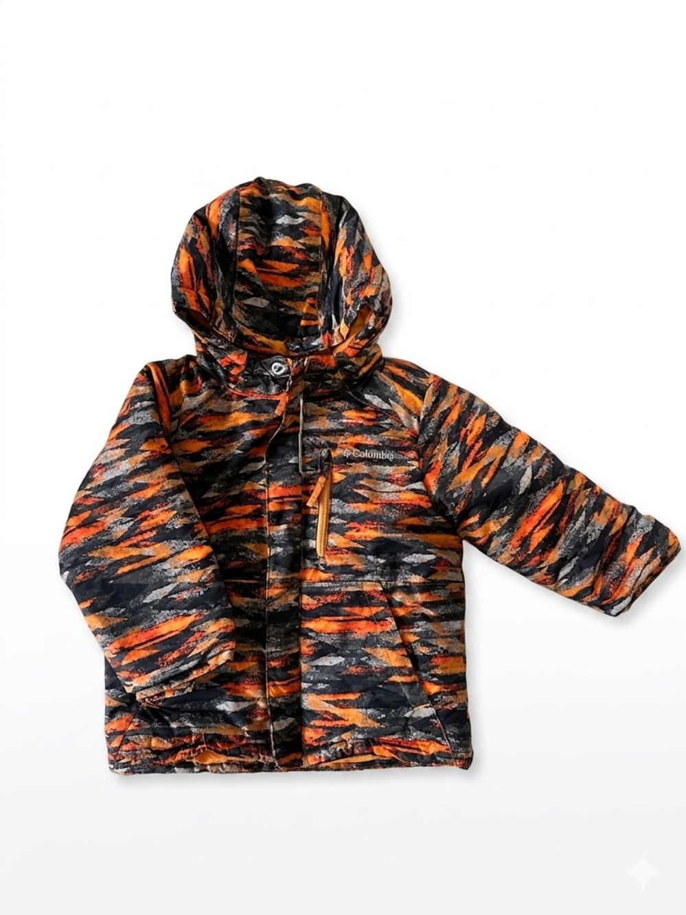 EUC Columbia Toddler Boy Hooded Puffer Winter Jacket Orange/Black Camo Abstract
